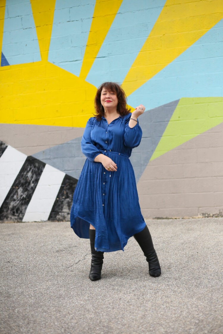 Alison in a blue silk long sleeved shirtdress from Chico's.