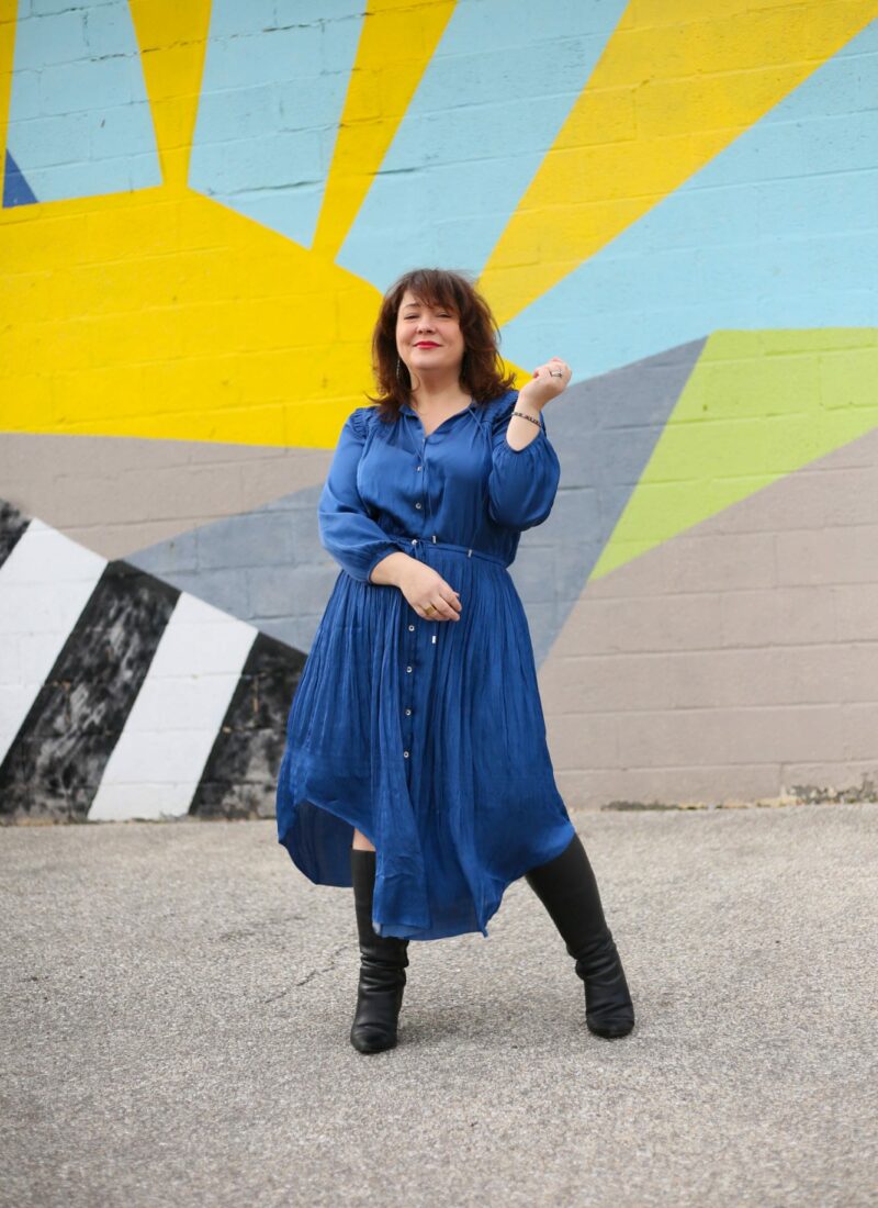 Alison in a blue silk long sleeved shirtdress from Chico's.
