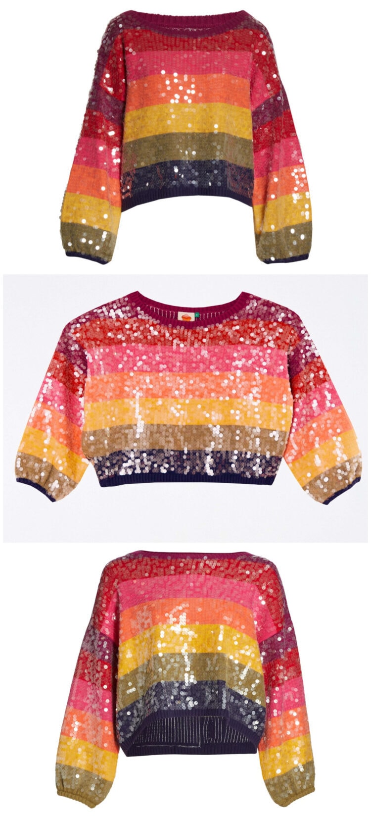 Image is of the same rainbow striped sequined sweater from FARM Rio but photographed by three different retailers to show how they look to be different fits and colors. This is to explain why apparel bracketing is a trend and how retailers can reduce consumer bracketing.