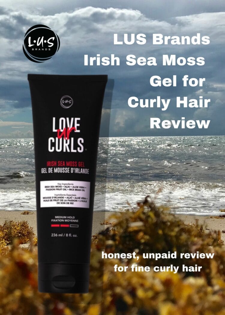 LUS Brands gel review for curly hair - photo of the tube of LUS Brands gel over a photo of Irish Sea Moss on the shore