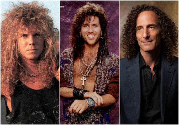 Collage of pro photos of Joey Tempest of the band Europe, Kip Winger of the band Winger, and saxophonist Kenny G