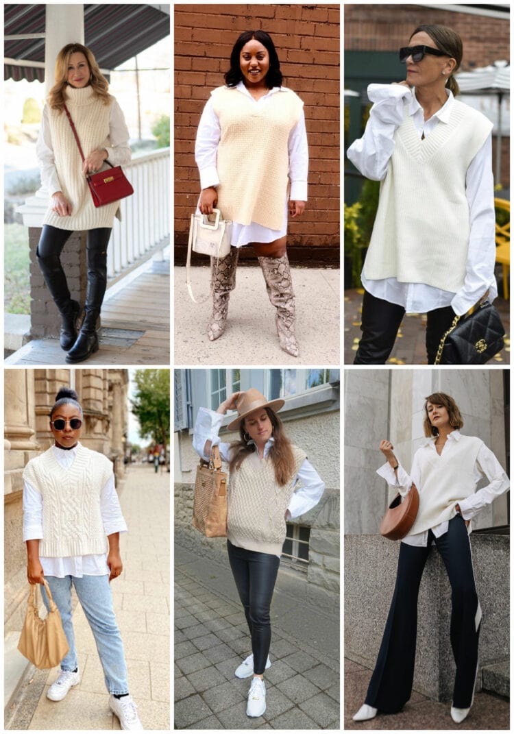 examples of how to style a sweater vest from six bloggers and Instagrammers. All of them are wearing a cream colored tunic length sweater vest over a white button front shirt.