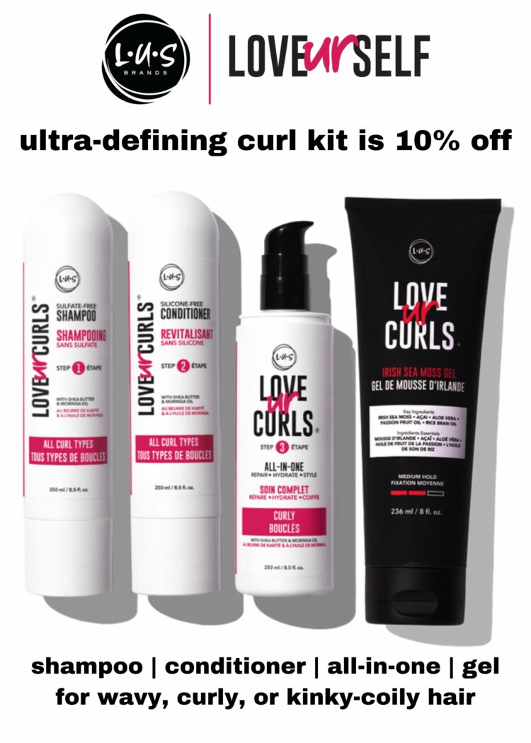 A photo of the LUS Brands shampoo, conditioner, all-in-one, and gel with the words ultra defining curl kit is 10% off