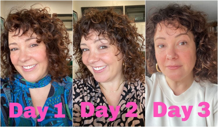 collage of day 1 day 2 and day 3 curls with Lus Brands gel