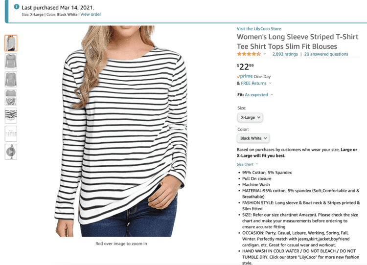 screenshot of a white long sleeved shirt with black stripes as sold on Amazon.