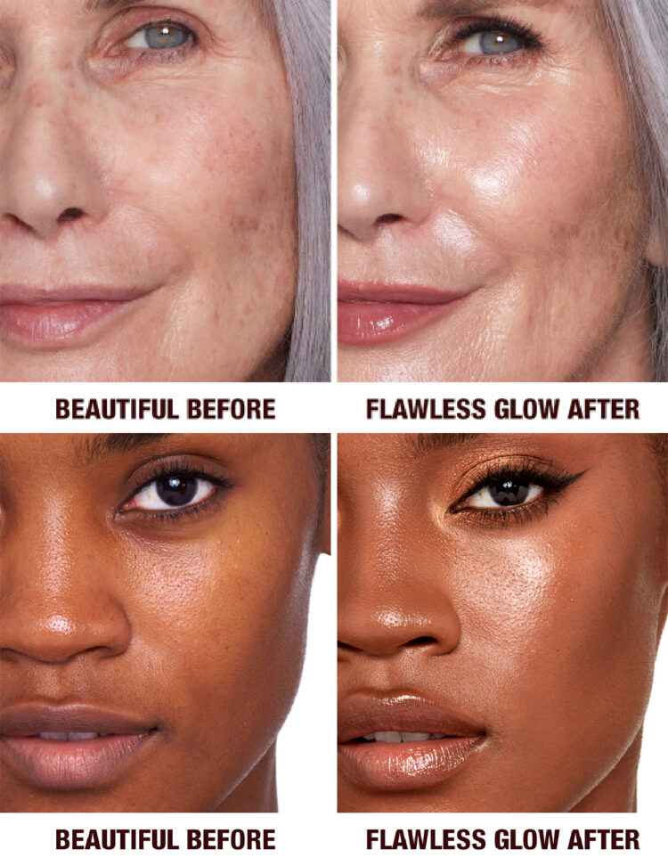 photos from the Charlotte Tilbury website of an older white woman with bare face and then with the Hollywood Flawless Filter, and then a younger Black woman with bare face and then the product applied.