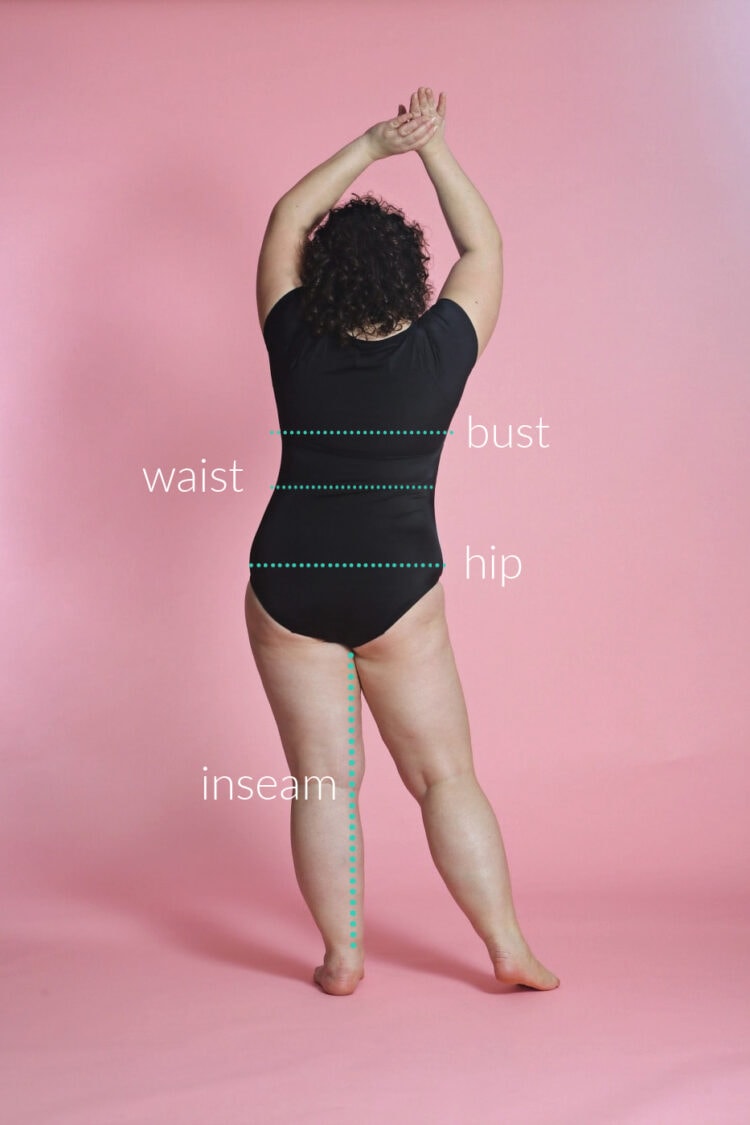 A photo of Alison from the back with dotted lines showing where to measure yourself for clothing at the bust, waist, hips, and inseam.