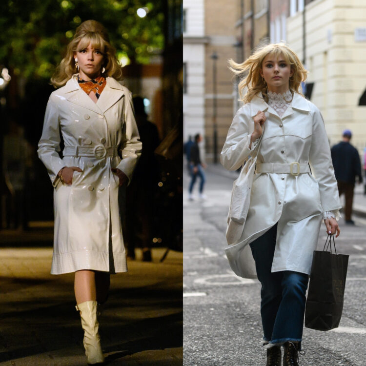 Collage of photos of Anya Taylor Joy and Thomasin McKensie in the movie Last Night in Soho, both walking down the street wearing white patent leather belted trench coats.