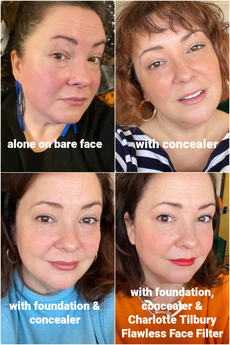 Four photos of Alison wearing Rare Beauty Illuminating Primer in similar lighting. One with bare face, one with concealer, one with foundation and concealer, and one with foundation and concealer and additional highlighter.