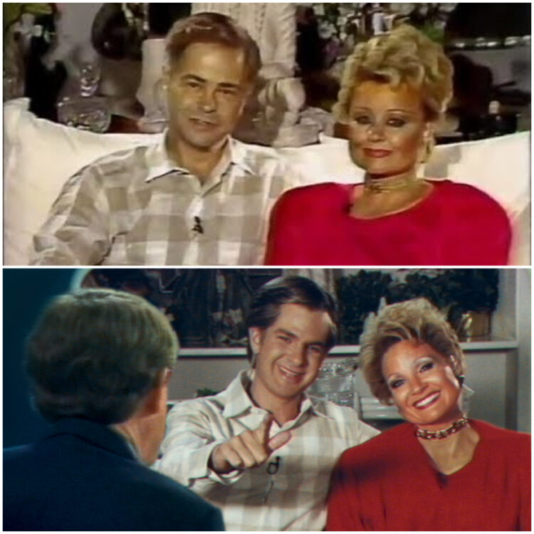 Collage with photo of Jim and Tammy Faye Bakker on ABC News being interviewed by Ted Koppel, and then Andrew Garfield and Jessica Chastain portraying the Bakkers in the movie.