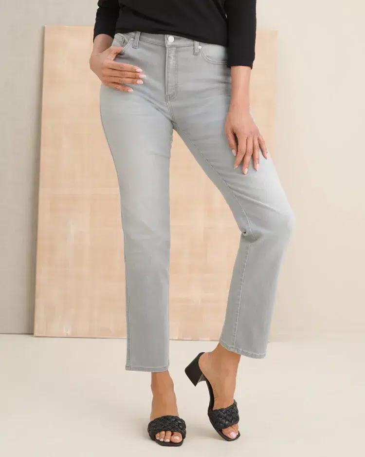 gray ankle length jeans on a model from the Chico's website