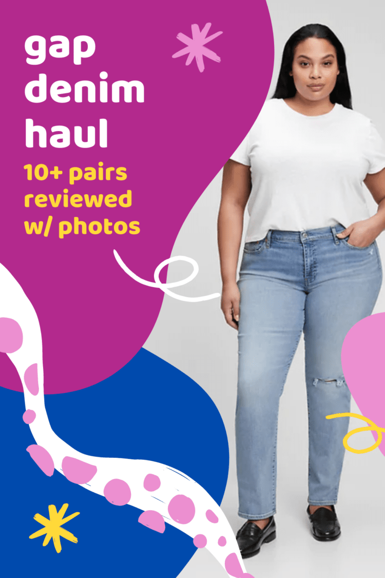 Gap denim haul by Wardrobe Oxygen: a review of over 10 pairs of Gap jeans from their 2022 collection as modeled on a size 14 woman.