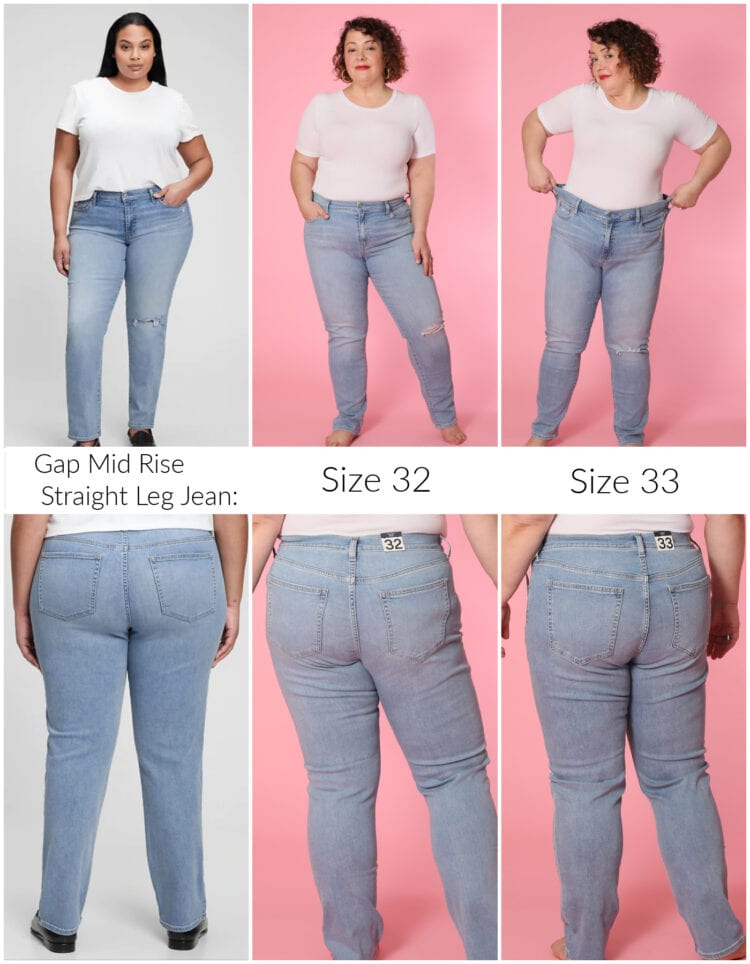 Six images comparing size 32 and size 33 Gap Mid Rise Straight Jean with the Gap model.