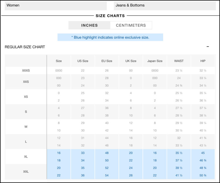 Clothing size chart