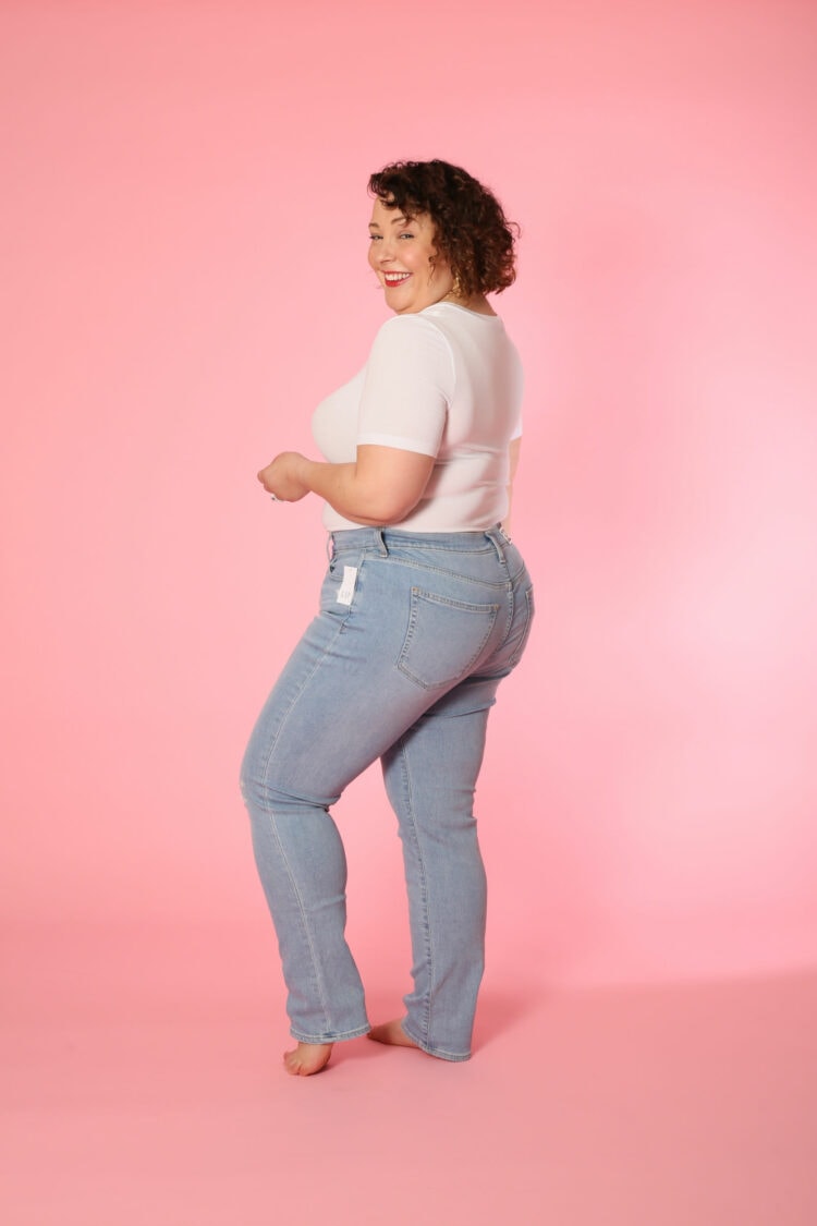 Side view image of Alison Gary in the Gap Classic Straight Leg Mid Rise Jean taken by Karl Gary for Wardrobe Oxygen. 