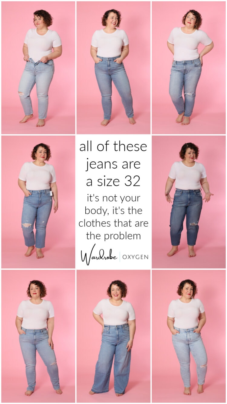 Collage images of Alison in size 32 jeans.