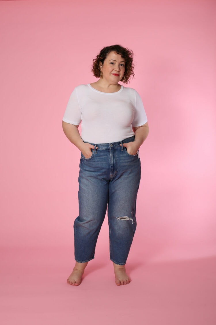 Front view image of Alison Gary in the Gap High Waisted Barrel Jean in size 33 taken by Karl Gary for Wardrobe Oxygen. 