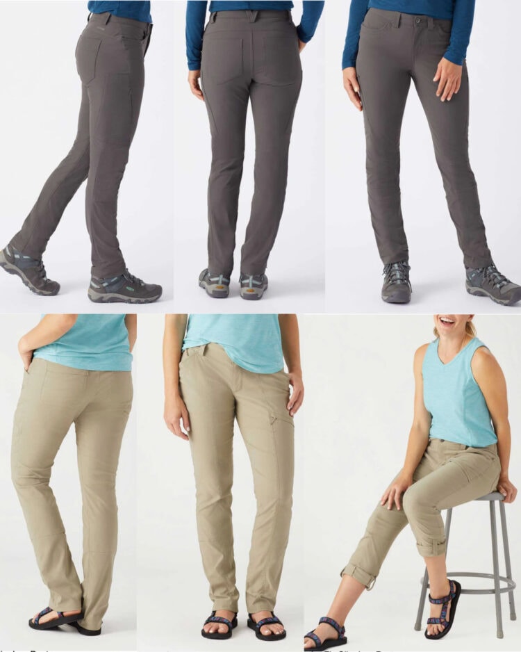 A collage of women's travel pants from Duluth Trading