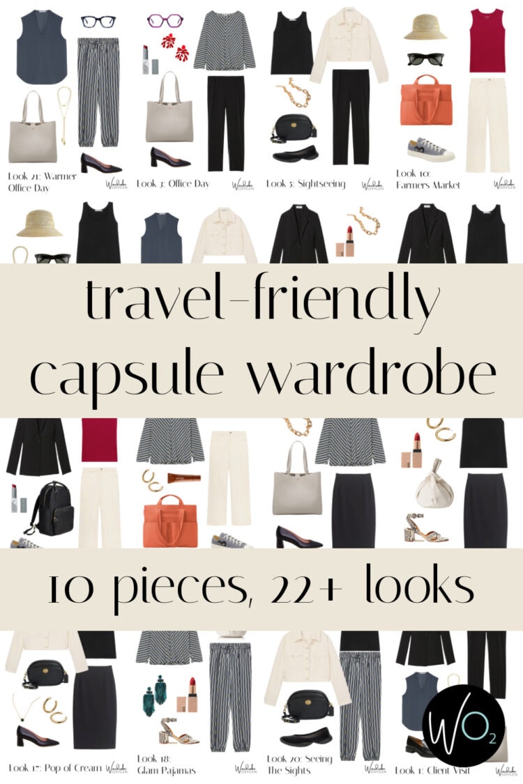 M.M.LaFleur Travel-Friendly Capsule Wardrobe 1 Collage of outfits with the text M.M.LaFleur Travel-Friendly Capsule Wardrobe