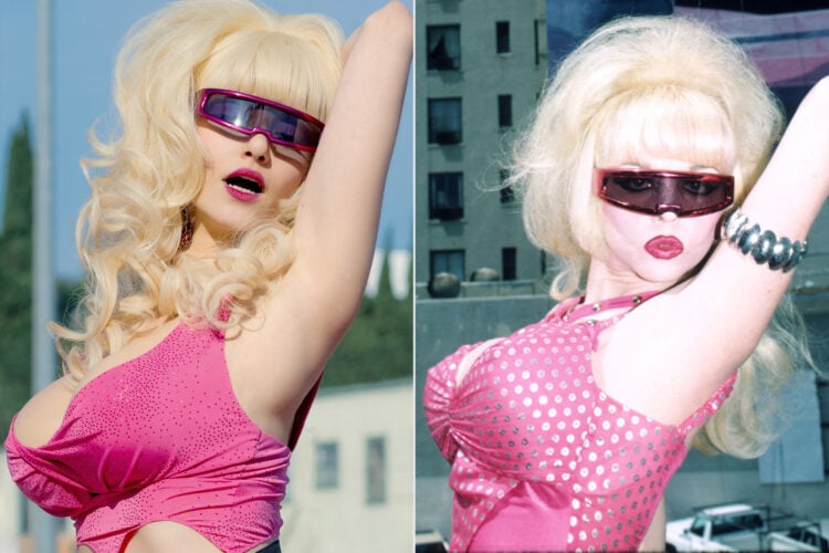 On the left, Emmy Rossum in the role. On the right, the real Angelyne.