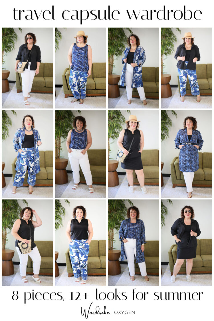 a blue, black, and white capsule wardrobe for travel featuring Chico's apparel for summer