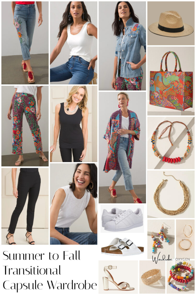 A summer to fall transitional wardrobe from Chico's featuring printed apparel and beaded jewelry from the brand's Folk Art collection as well as black and white closet staples.
