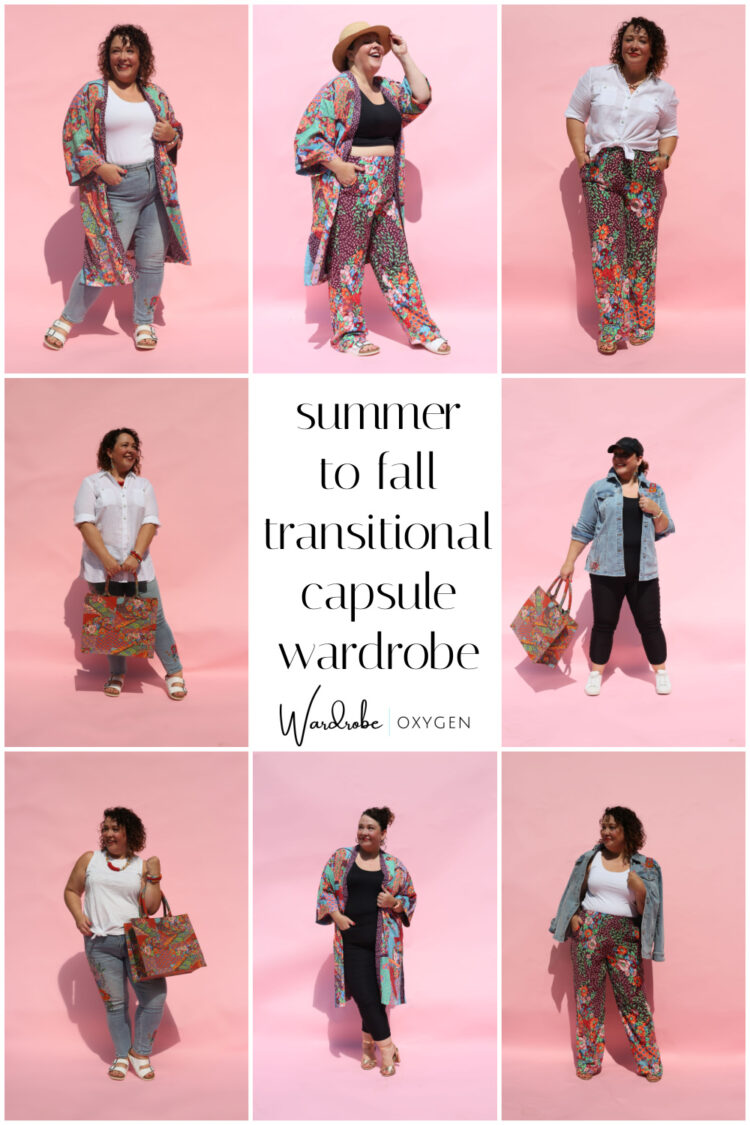Collage of eight looks created from Wardrobe Oxygen's summer to fall transitional capsule wardrobe featuring clothing from Chico's.
