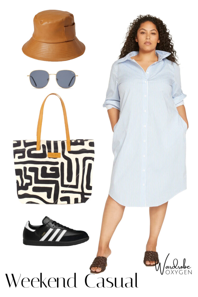 Styling the black Adidas Samba sneakers with a shirtdress and graphic tote