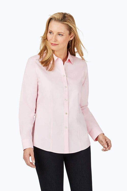 no iron pink button front shirt for women