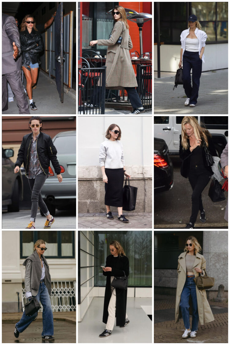 collage of celebrities and fahsionistas wearing street style with black Adidas Samba sneakers