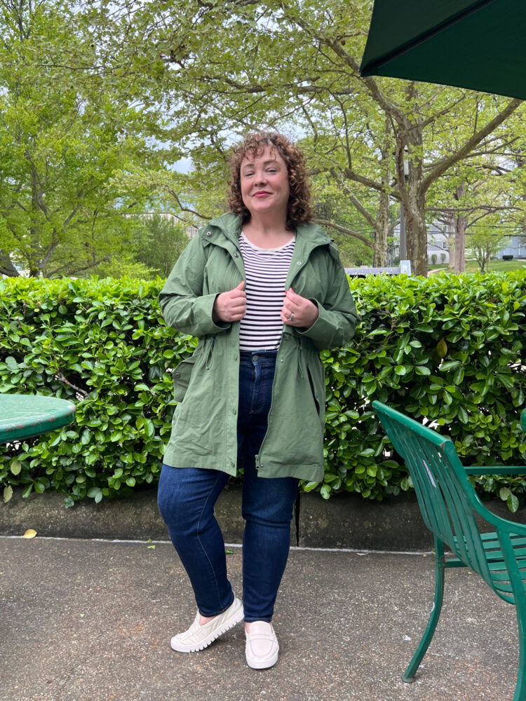 Where to Shop for Truly Stylish Wide Width Shoes 10 a fall 2026 outfit for travel featuring wide width loafers from vionic and the universal standard precision parka rain jacket