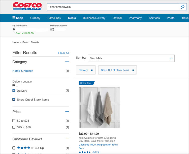 screenshot of th4e costco website showing available charisma towels