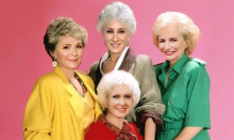 The cast of Sex and the City with the hairstyles worn by the cast of The Golden Girls