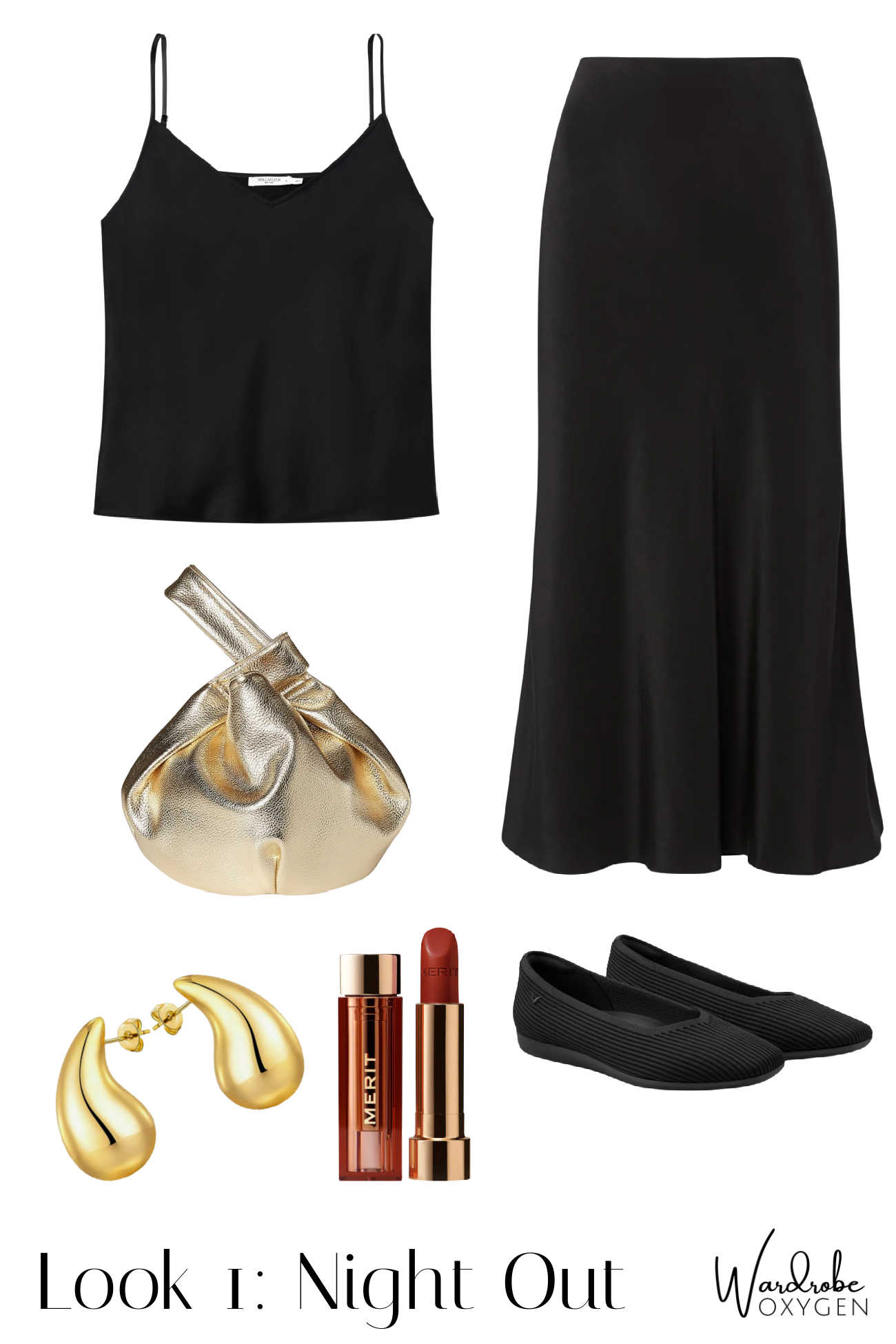 black washable silk camisole and midi skirt for a night out look in the fall getaway capsule wardrobe at Wardrobe Oxygen