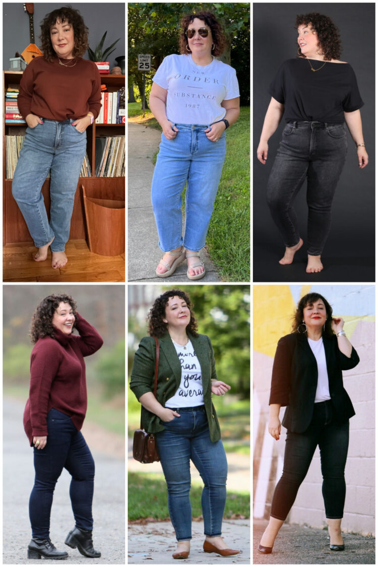 A collage of six photos of Alison wearing Universal Standard jeans. 