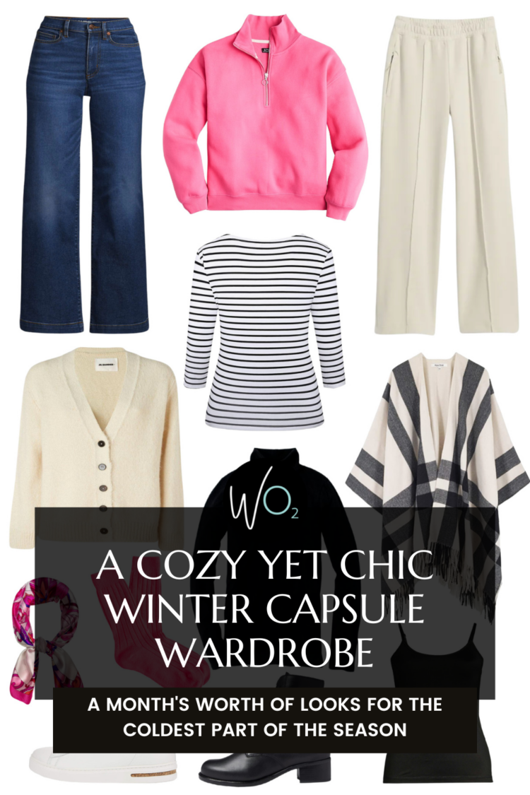 A Cozy Chic Winter Capsule Wardrobe in Both Misses & Plus Sizes 1 collage of clothing with overlay text. Cozy yet chic winter capsule wardrobe. A month's worth of looks for the coldest part of the season.