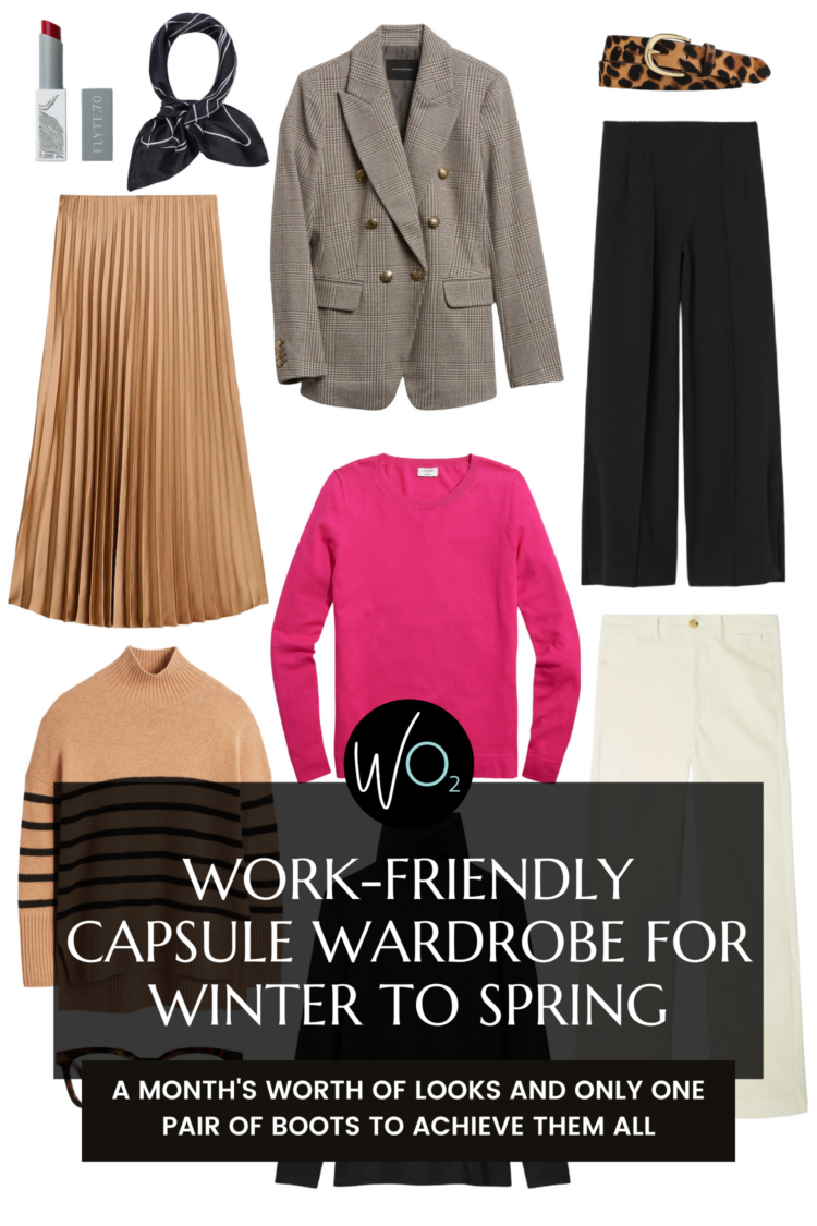 a work-friendly capsule wardrobe for winter to spring showing you can create a month's worth of looks for the workplace with only one pair of shoes. By Wardrobe Oxygen 