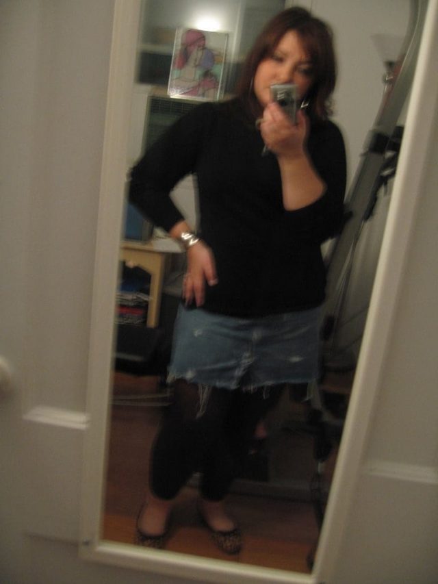 The Weekend Outfits 1 Black turtleneck and leggings with a distressed denim skirt and leopard printed flats on the feet.