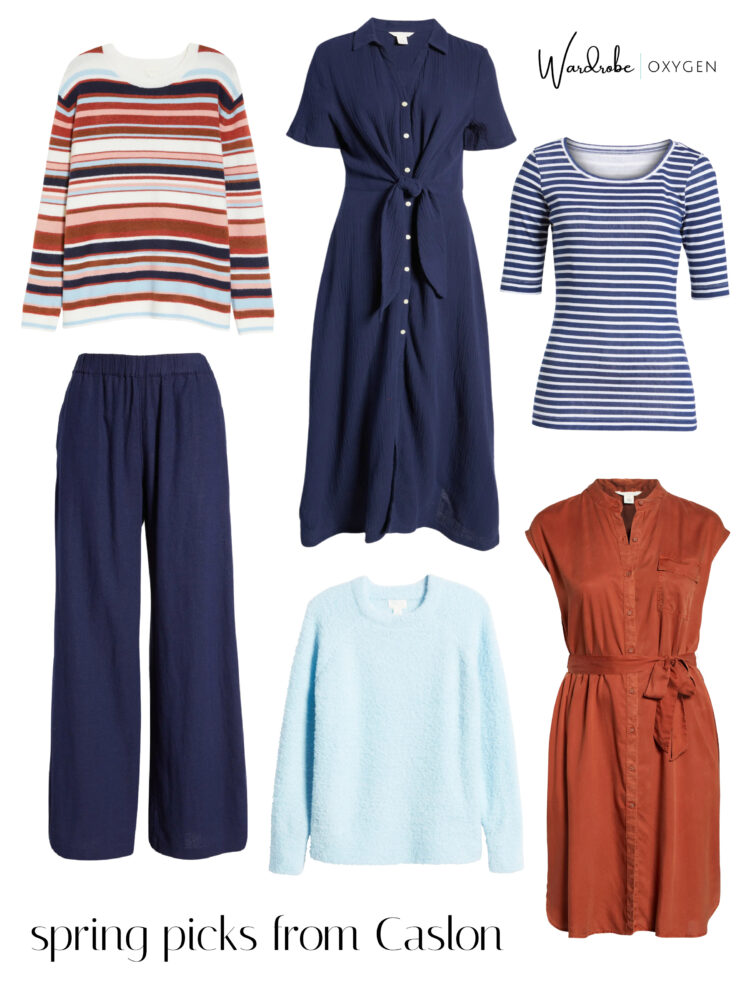 Being a Nordy Girl: examining the spring offerings from Caslon at Nordstrom. A collage of navy, pale blue, copper, and white garments for women.