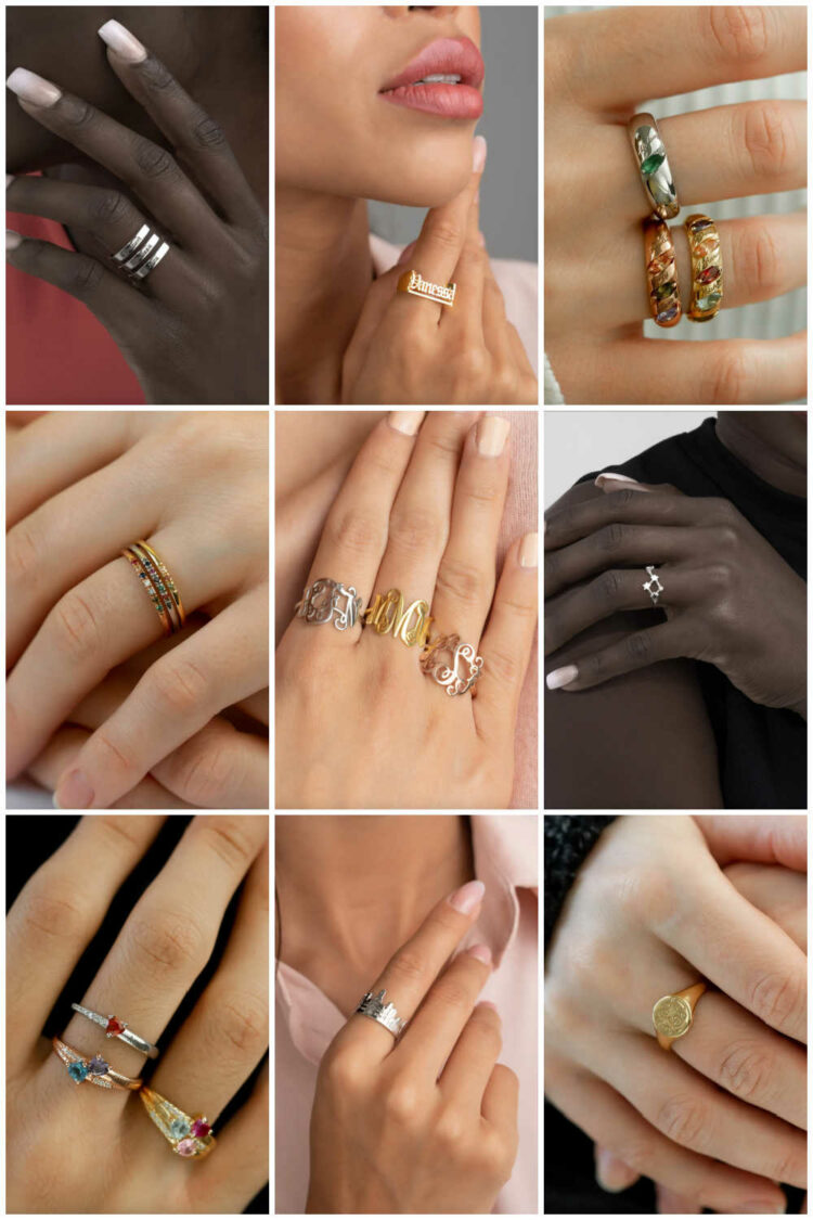 A collage of personalized rings from the Etsy shop Glamoristic which offers stylish rings for larger fingers up to size 13.