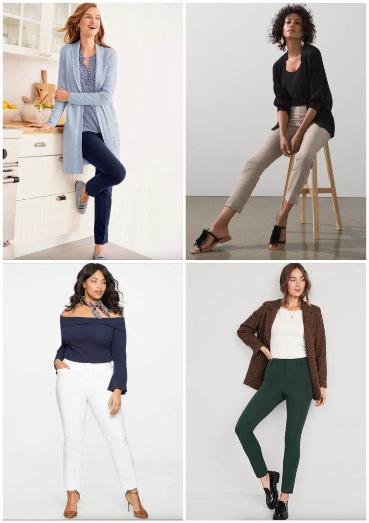 women's skinny pants seen on four models from fashion websites