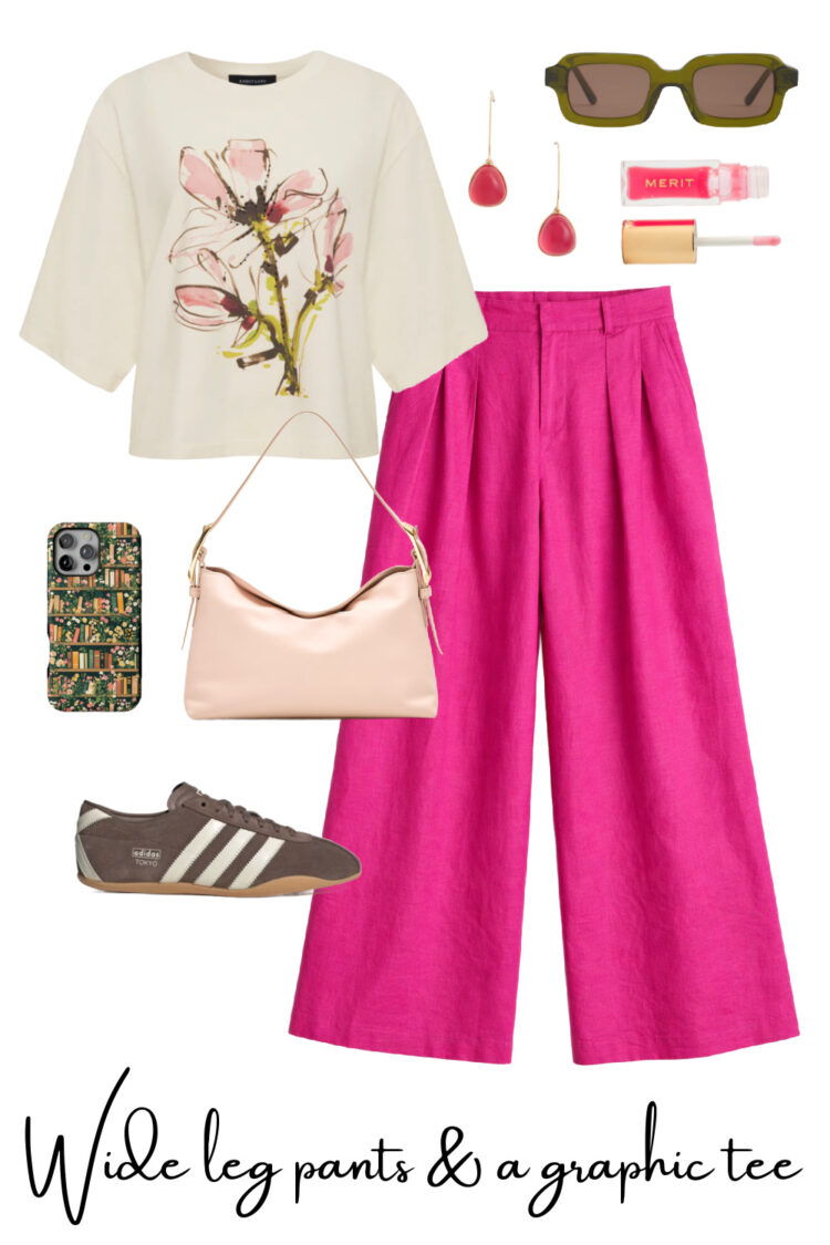 How to Style Colorful Pants for Spring 2026 (Plus the Best Options to Shop) 1 how to style colorful wide leg pants for spring as a woman over 40 featuring universal standard pants and a sanctuary graphic t-shirt