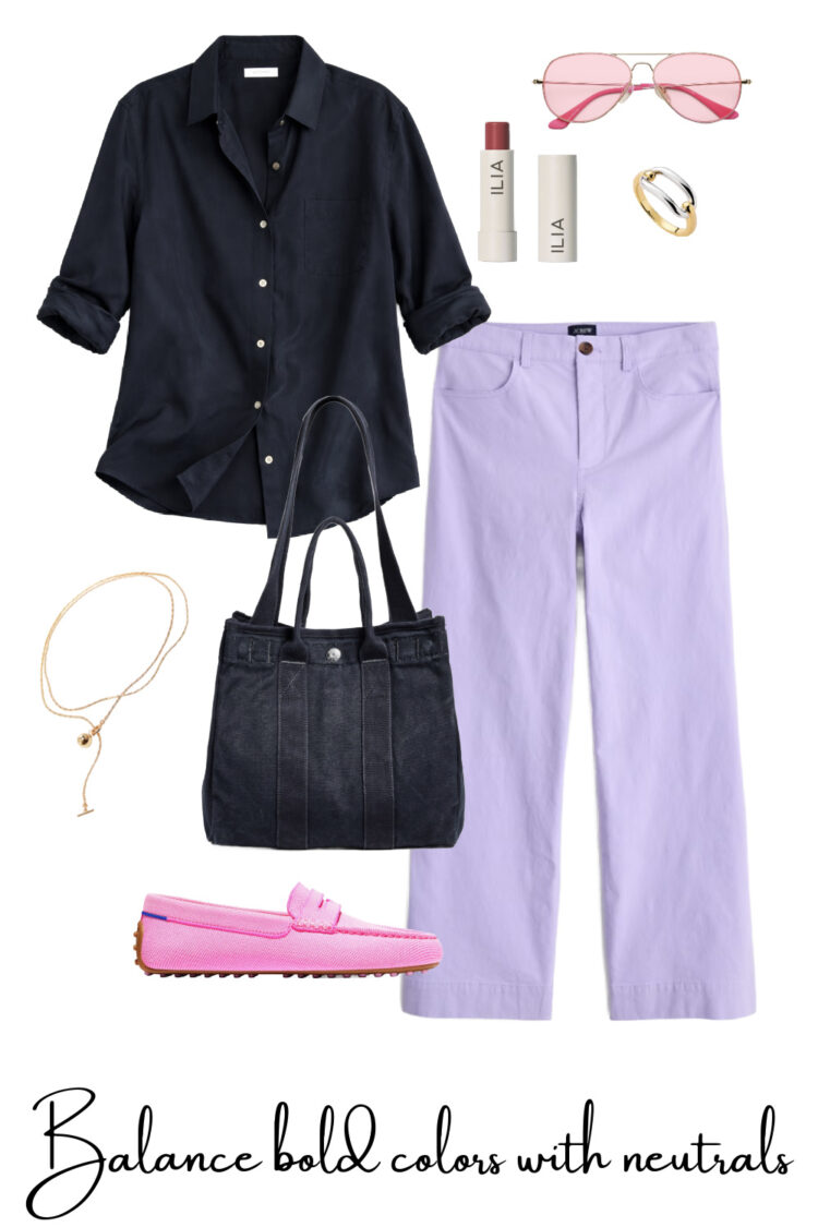 How to Style Colorful Pants for Spring 2026 (Plus the Best Options to Shop) 4 how to style lavender pants for spring 2026 featuring pink Rothys loafers and a navy linen shirt from J.Jill