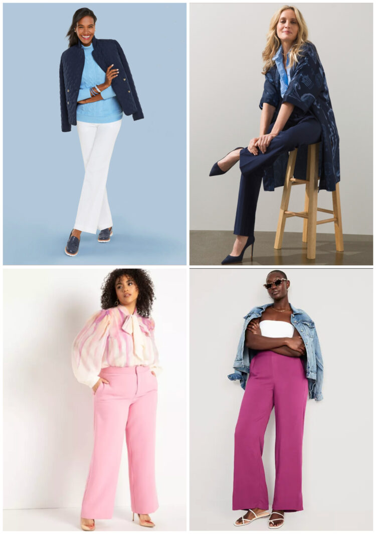 a collage of four models from retailer websites wearing fuller leg pants and wide leg pants