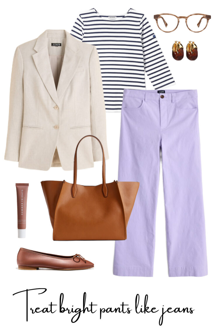How to Style Colorful Pants for Spring 2026 (Plus the Best Options to Shop) 5 tips for styling lavender pants for spring 2026 featuring a khaki blazer and breton striped top