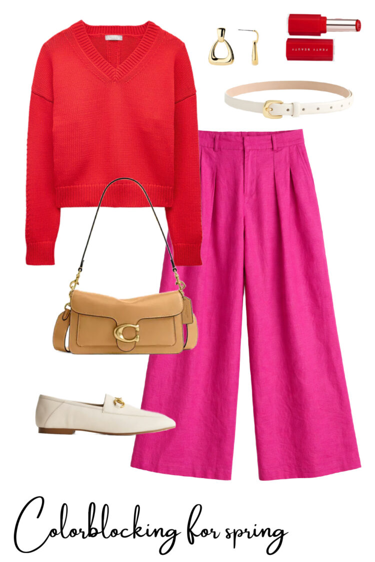 How to Style Colorful Pants for Spring 2026 (Plus the Best Options to Shop) 2 tips on how to style colorful pants for spring for grown women featuring a red cotton sweater with wide leg hot pink linen pants