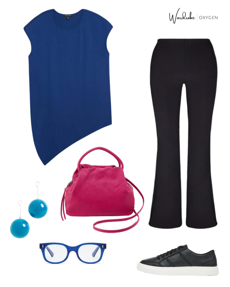 flared leggings outfit advice on how to style leggings in 2023 featuring flared leggings, and asymmetric tunic top, and bold accessories