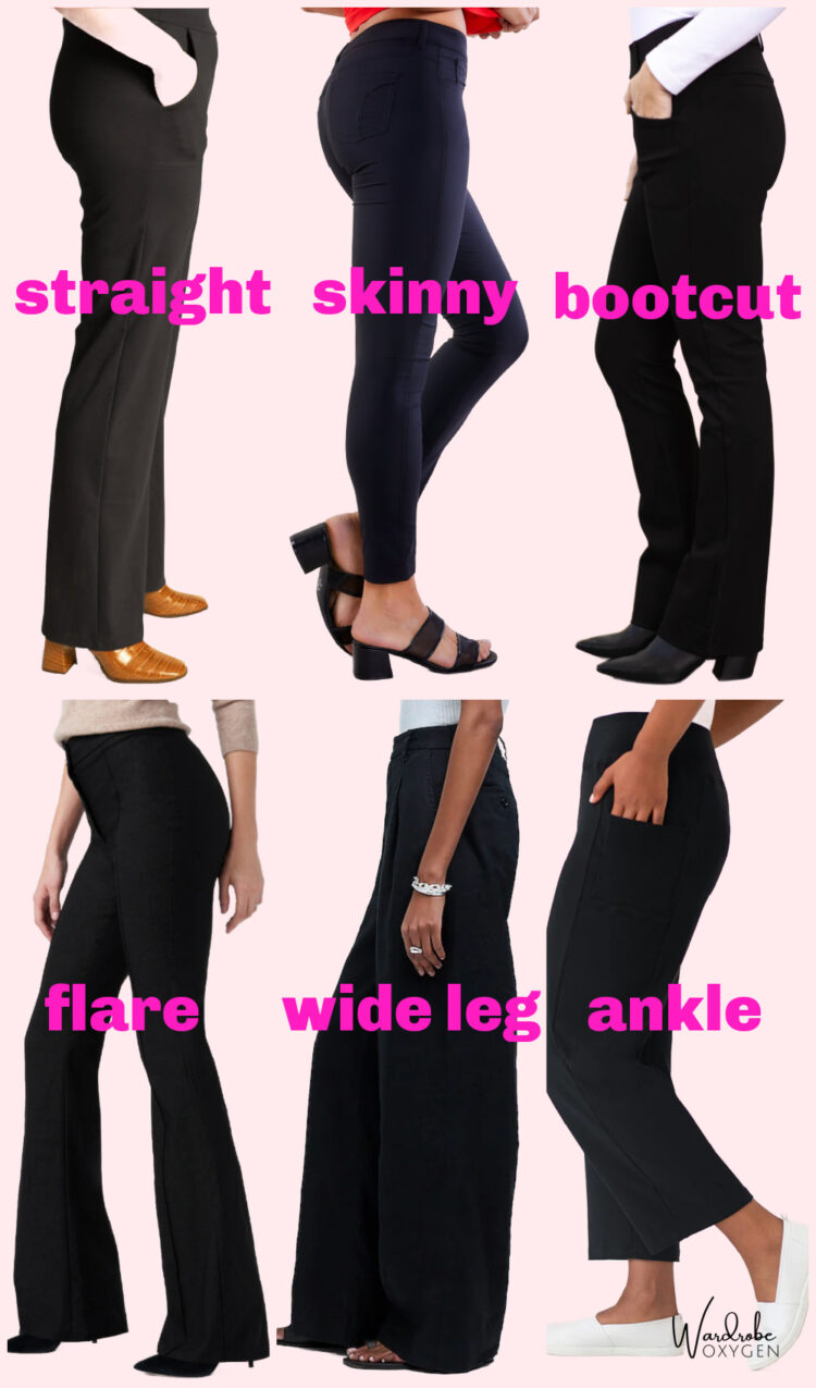 a graphic showing the proper pant length for women for straight, skinny, bootcut, flare, wide leg, and ankle pants