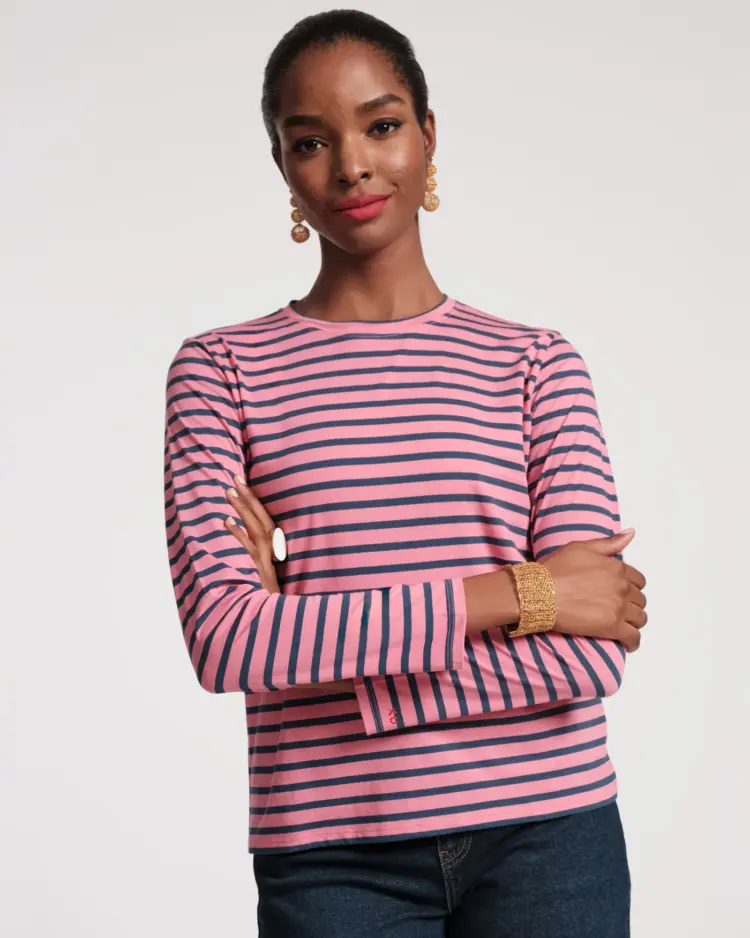The 15 Best Breton Striped Shirts for Grown-ass Women 3 Frances Valentine Long Sleeve Striped T Shirt in pink stripe is a highly recommended Breton top