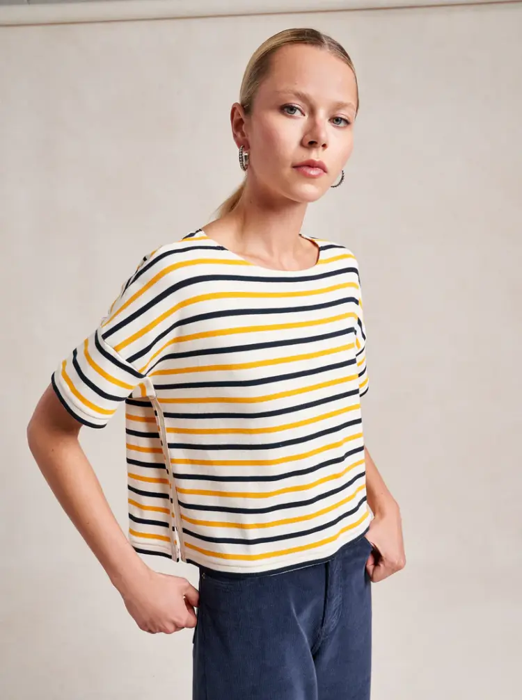 The 15 Best Breton Striped Shirts for Grown-ass Women 12 La Ligne Short Sleeve Breton Tee in blue, yellow, and ecro stripes